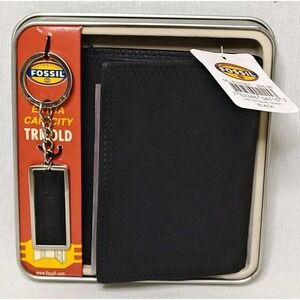 Fossil Black Trifold Wallet with Keychain Gift Set